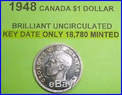 1948 CANADA $1 DOLLAR SILVER COIN BRILLIANT UNCIRCULATED KEY DATE 18,780 MINTED 1948 CANADA $1 DOLLAR SILVER COIN BRILLIANT UNCIRCULATED KEY DATE 18,780 MINTED