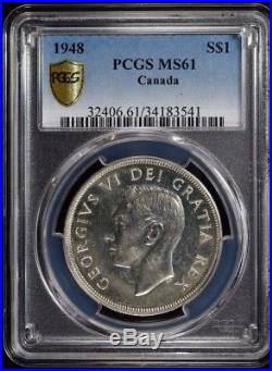 1948 Canada Silver $1 Explorer Dollar Pcgs Certified Ms 61 Mint State (541)