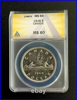 1948 Uncirculated Canada Silver Dollar Key Date Coin ANACS MS60 Rare