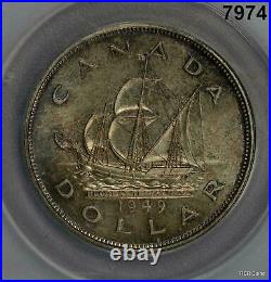1949 Canada Silver Dollar Ship Anacs Certified Pale Rainbow Colors! #7974