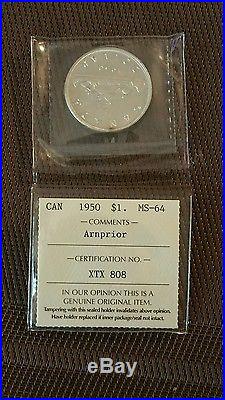 1950 Canada Silver Dollar Arnprior Variety Iccs Certified Ms-64 Condition