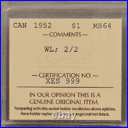 1952 $1 WL 2/2 ICCS MS64 Canada Silver Dollar Rare Variety Top Pop