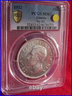 1952 Canada Silver Dollar. No Waterlines. Pcgs Ms-62 Gold Shield