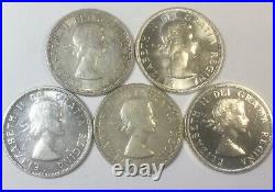 1953SF 1955 1957 1958 &1963 Canada Silver Dollar Coins Nice Lot 5 Different
