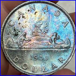 1953 Canada 1 One Silver Dollar Unique Deep Rainbow Color Toned Unc $1