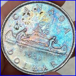 1953 Canada 1 One Silver Dollar Unique Deep Rainbow Color Toned Unc $1