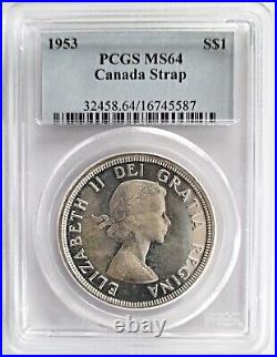 1953 Canada $1 Silver Dollar Strap Queen Elizabeth II PCGS MS64 Choice Unc Coin