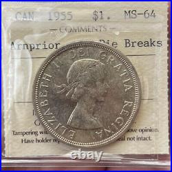 1955 MS-64 ARNPRIOR with DIE BREAKS CANADA SILVER DOLLAR ICCS Old Cert Gold