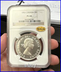 1955 Pl-66 Canada Silver Dollar $1 Ngc Gold Wings Sticker Premium Quality