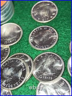 1957 Canada Silver Dime Roll Of 50 UNC