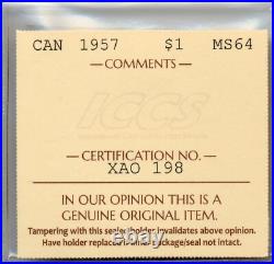 1957 Canada Silver Dollar Choice Uncirculated, ICCS MS 64 1957 Canada Silver Dollar Choice Uncirculated, ICCS MS 64