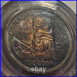 1958 Canada $1 MS64 Death Dollar PCGS Graded Silver Colourful Toning Blue