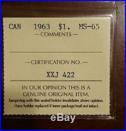 1963 Canada Silver Dollar Iccs Certified Ms-65 Hi Mint State Trends $975
