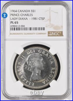 1964 Canada $1 Prince Charles Lady Diana 1981 Counterstamp Silver NGC PL65 Wacks