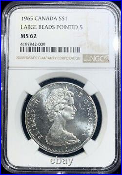 1965 Canada Silver $1 LARGE BEADS, POINTED 5 NGC MS62