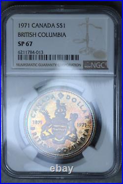 1971 $1 Canada Silver Dollar British Columbia Ngc Sp67 Rainbow Toned
