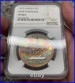 1973 Canada RCMP Centennial Silver $1 Coin Graded NGC SP 66 Star Rainbow Toned