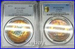 1973 Canada Silver Dollars R. C. M. P. Rainbow Gems X 2 PCGS SP66 SP67 Awesome