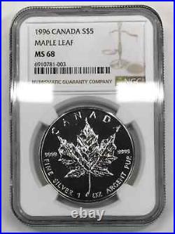 1996 Canada 1 oz Silver Maple Leaf $5 Coin NGC MS68 HARD TO FIND