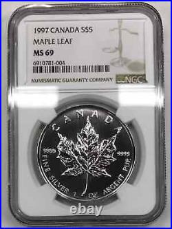 1997 Canada 1 oz Silver Maple Leaf $5 Coin NGC MS-69