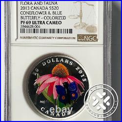 2013 Canada NGC PF 69 Ultra Cameo $20 Coneflower Blue Butterfly 1 oz Silver Coin