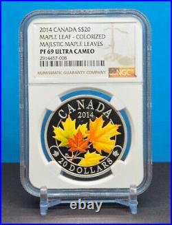 2014 CANADA $20 1oz MAJESTIC MAPLE LEAVES /w COLOR NGC PF69 UC 999 SILVER COIN