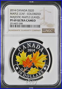 2014 CANADA $20 1oz MAJESTIC MAPLE LEAVES /w COLOR NGC PF69 UC 999 SILVER COIN