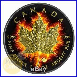 2014 Canada $5 BURNING MAPLE Leaf Fire Black Ruthenium Gold 1 Oz Silver Coin