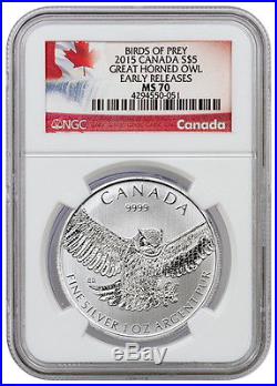 2015 Canada $5 1 Oz Silver Great Horned Owl NGC MS70 ER Early Releases SKU37220