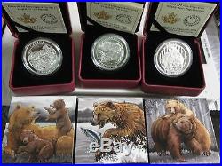 2015 Canada/Canadian. 9999 fine Silver Grizzly Bear Proof quality set of 3