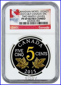 2015 Canada Gilt Silver 5c Nickel Legacy Two Maple Leaves NGC PF69 UC SKU35540