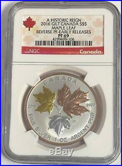 2016 $5 Canada Silver Maple Leaf Gilt Ngc Pf69 Reverse Proof Er Pink Gold 1 Oz
