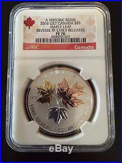 2016 $5 Canada Silver Maple Leaf Gilt Ngc Pf70 Reverse Proof Er Pink Gold 1 Oz