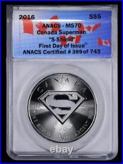 2016 Canada $5 Silver Superman Anacs Ms70 First Day Of Issue S-shield