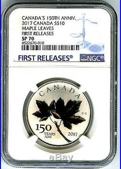 2017 Canada $10 150th Annv Silver Ngc Sp70 Maple Leaf Leaves First Releases Blue