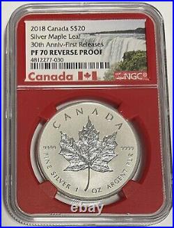 2018 Canada $20 Silver Maple Leaf 30th Anniv- FR PF70 Reverse Proof NGC Red Core
