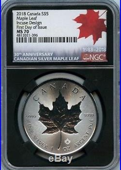 2018 Canada Silver $5 Maple Leaf Incuse Design FIRST DAY OF ISSUE FDI MS70 30th