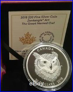 2018 Great Horned Owl Zentangle Art $30 2OZ Silver Proof Coin Canada Mintage4000