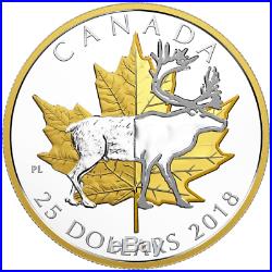 2018 Iconic Piedfort $25 1OZ Pure Silver GoldPlated Coin Canada CaribouMapleLeaf