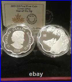 2019 Pig Lunar Lotus Year of the Pig $15 Pure Silver Proof Canada Coin