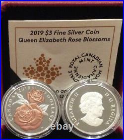2019 Queen Elizabeth Rose Gold Blossoms $3 Pure Silver Proof Canada Coin