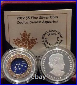 2019 Zodiac Aquarius $5 1/4OZ Pure Silver Proof Canada 27mm Coin with Crystal