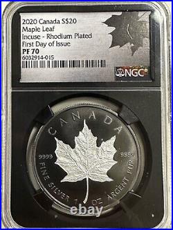 2020 Canada $20 Silver Maple Leaf Incuse Rhodium Plated First Day Issue PF70 NGC