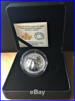 2020 Canada $25 MULTIFACETED ANIMAL HEADGRIZZLY BEAR SILVER COIN- Mintage 2,500