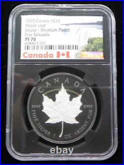 2020 Canada Maple Leaf Incuse Rhodium Plated 1 oz Silver $20 NGC PF 70 M6434