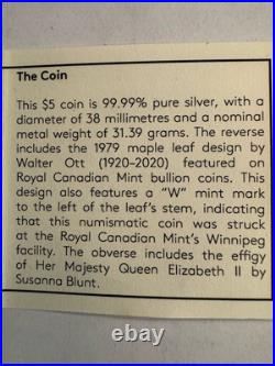 2021. 1oz 99.99% PURE SILVER CANADIAN MAPLE LEAF $5 COIN WITH W MINT MARK 2021. 1oz 99.99% PURE SILVER CANADIAN MAPLE LEAF $5 COIN WITH W MINT MARK