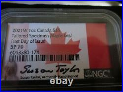 2021 W Canada 1 OZ. Silver Maple Leaf FIRST DAY OF ISSUE Tailored SP 70 Signed