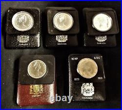 5 Pcs, Canada Silver $1 Coins. 4 Commemorative & 1 Rcmp, In Leather Cases