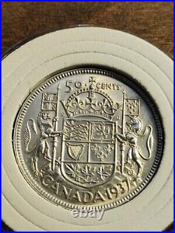 AU PL CAM type Uncirculated 1937 CANADA 50 cents. 800 Silver with Lined holder AU PL CAM type Uncirculated 1937 CANADA 50 cents. 800 Silver with Lined holder