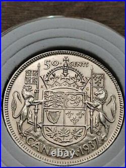 AU PL CAM type Uncirculated 1937 CANADA 50 cents. 800 Silver with Lined holder AU PL CAM type Uncirculated 1937 CANADA 50 cents. 800 Silver with Lined holder